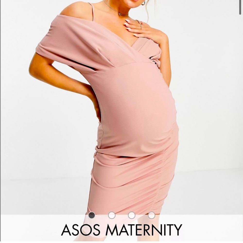 ASOS DESIGN Maternity baby shower cold shoulder ruched midi dress in pink